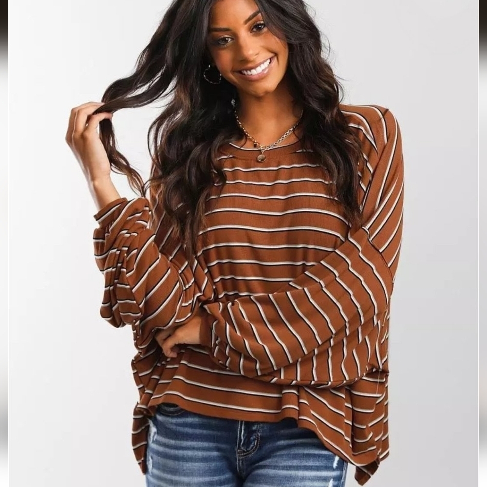 BKE Stripped Ribbed Oversized Long Sleeve T Shirt Medium